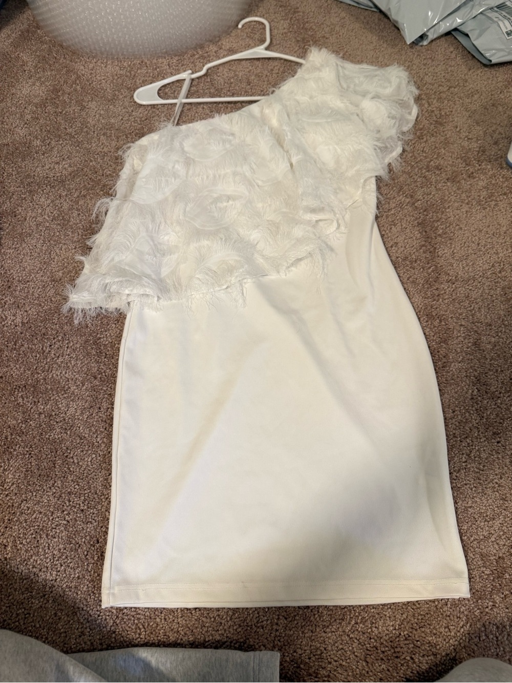 TCEC White Feather-Trim Mini Dress cocktail